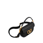 Valentino Garavani Alltime Grainy Calfskin Shoulder Bag in black with VLogo, detachable strap, and magnetic fastening.