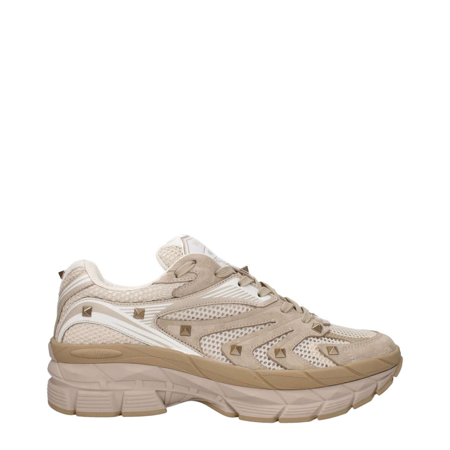 Valentino Garavani Beige Fabric Low Top Sneakers with front and back logos, studs, lace-up closure, and round toe design.