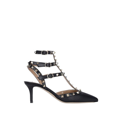 Valentino Garavani Black Leather Mid Heel Pumps with ankle buckle and studded straps, pointed toe, Italian made, women's fashion shoes.