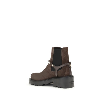 Valentino Garavani Brown Calf Leather Bos Taurus Chelsea Boots with suede upper and sturdy lug sole, side view