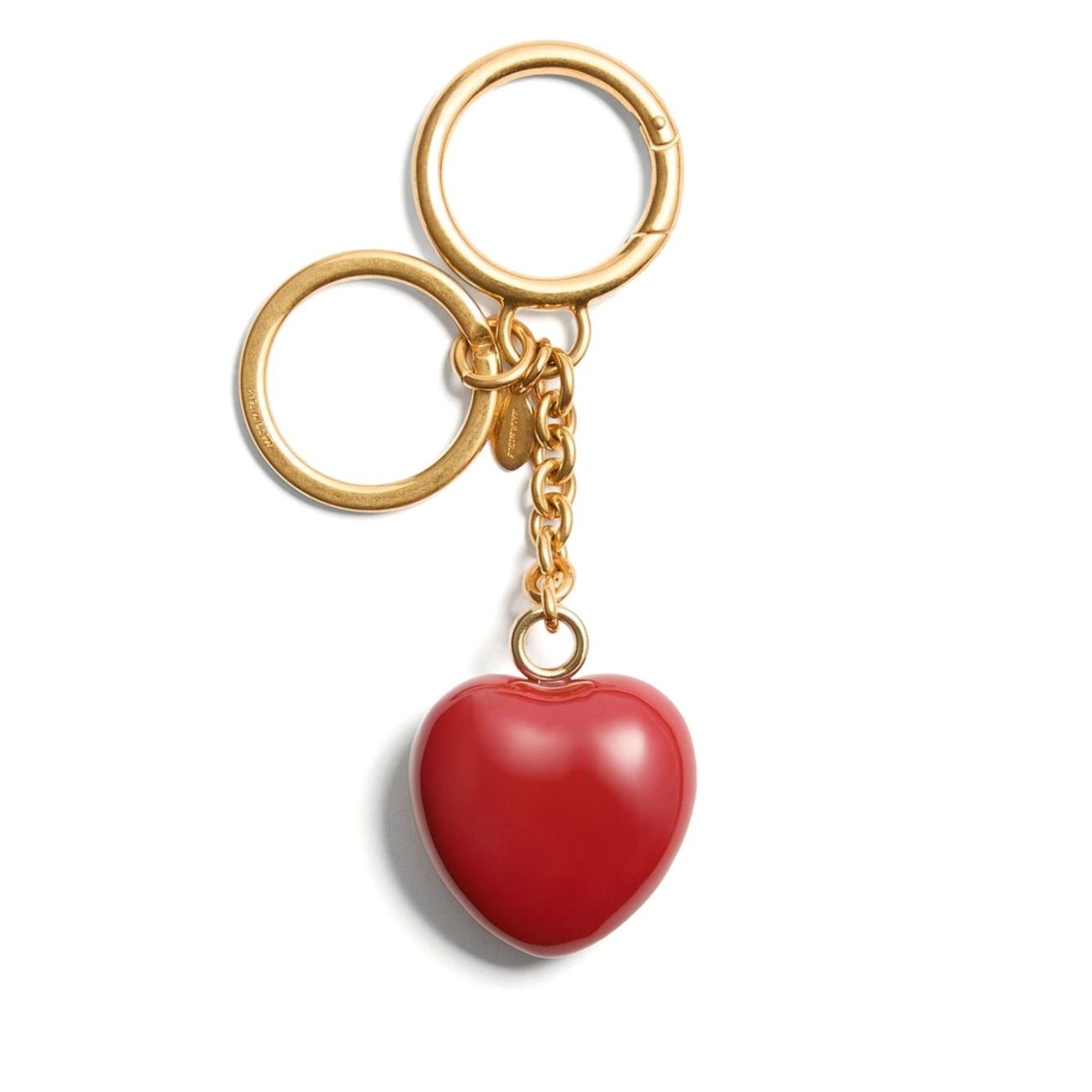 Valentino Garavani Coeur Royal key ring featuring a red heart charm with logo, polished finish, gold rings; size: 13 cm length, 3.5 cm width.