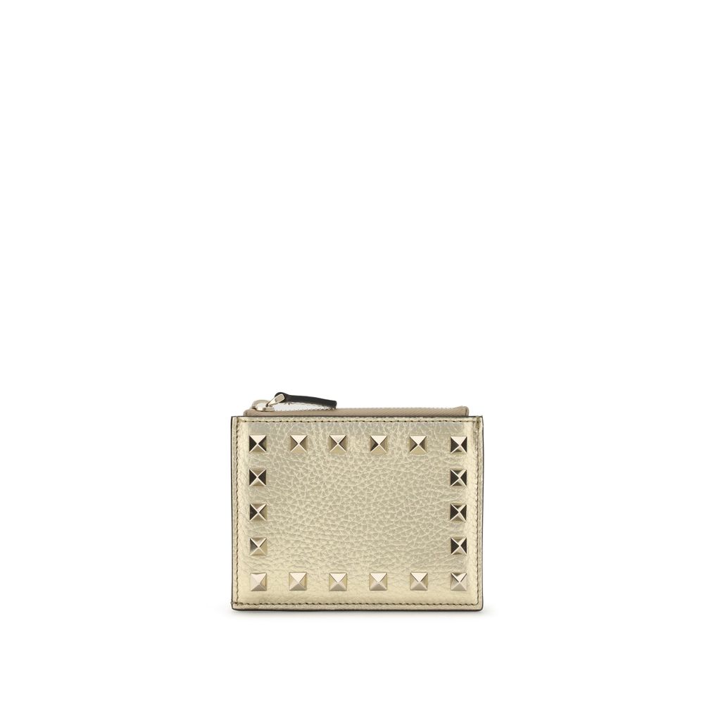 Valentino Garavani Gold Calf Leather Bos Taurus Wallet with Rockstud design, featuring zipper pocket and card slots, season AW25