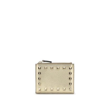 Valentino Garavani Gold Calf Leather Bos Taurus Wallet with Rockstud design, featuring zipper pocket and card slots, season AW25