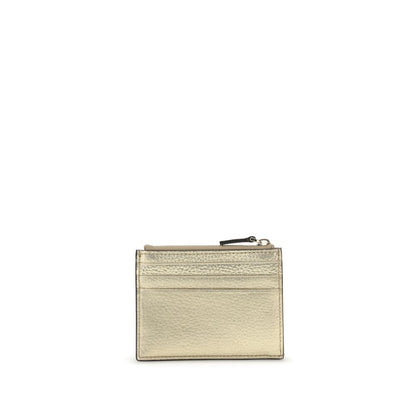 Valentino Garavani Gold Calf Leather Bos Taurus Wallet with Rockstuds, featuring zippered pocket and card slots, AW25 collection.