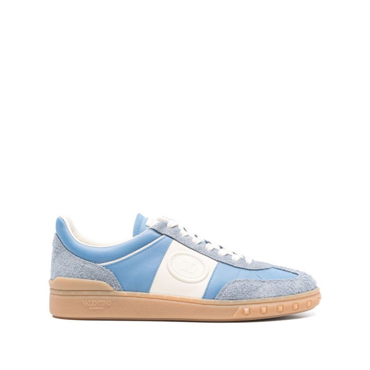 Valentino Garavani Upvillage sneakers in blue with front lace-up, round toe, and flat sole, side view, heel height 2 cm