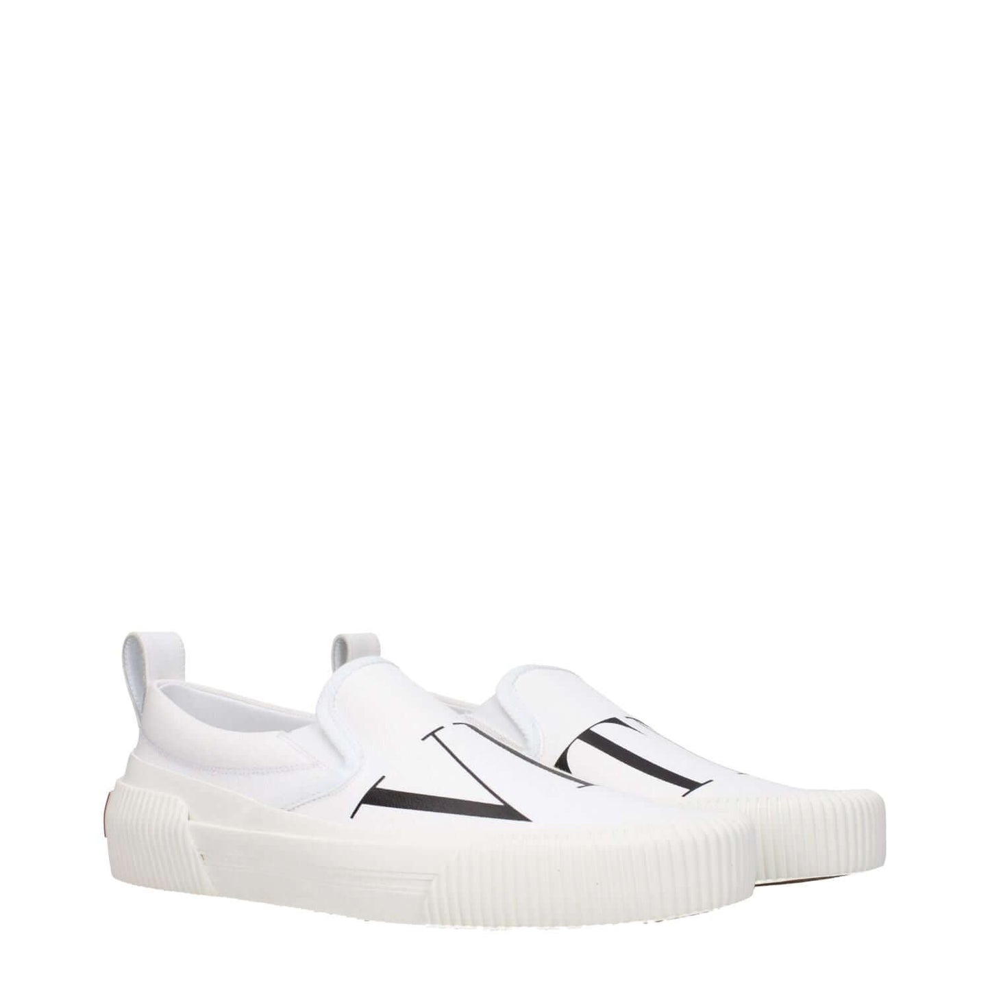 Valentino Garavani White Fabric Slip-On Loafers with front logo, rubber sole, and round toe, style S0G77VPZA01.