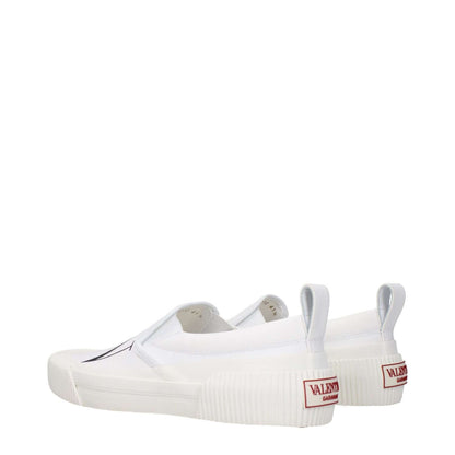 Valentino Garavani White Fabric Slip-On Loafers with front and back logos, white rubber sole, round toe, and low flat heel.