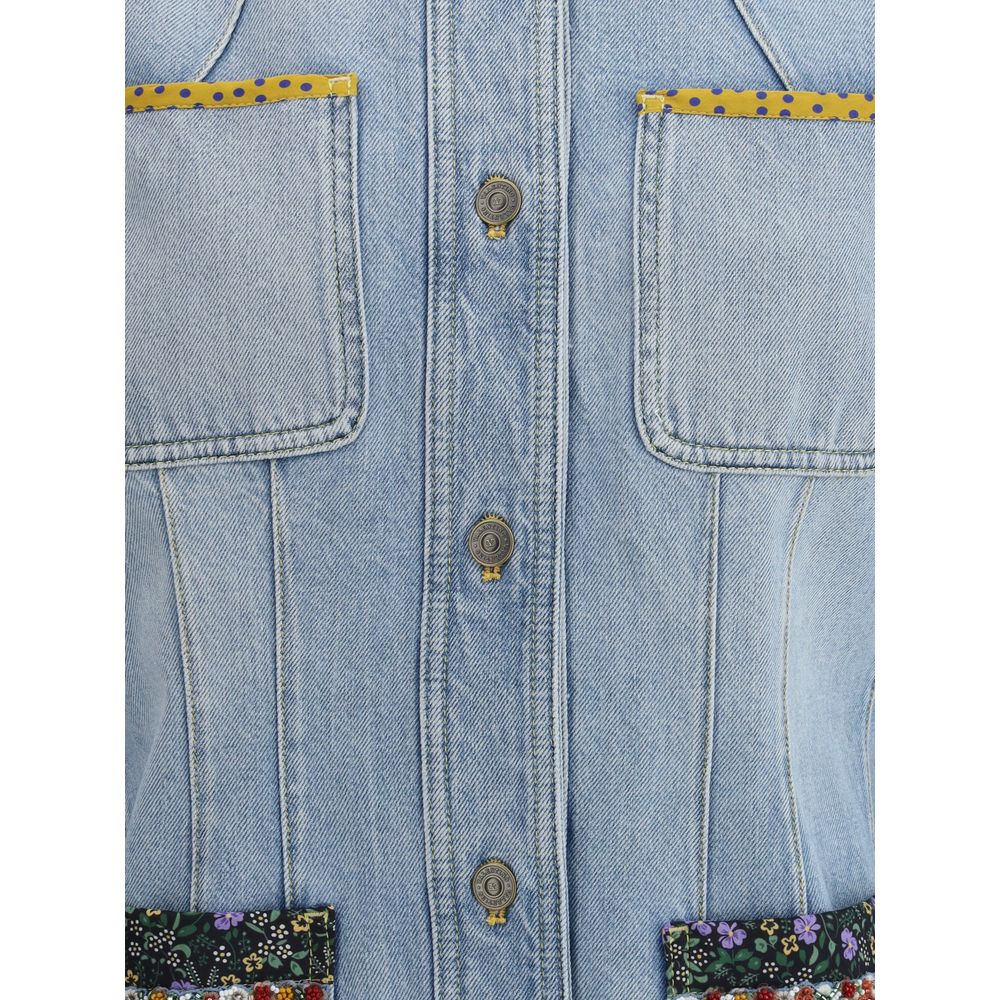 Valentino Light Blue Cotton Denim Jacket with embroidered floral detailing and patch pockets, showcasing elegant button closure.