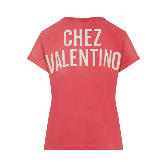 Valentino Light chez t-shirt featuring red graphic print, logo on the rear, short sleeves, crew neck, and straight hem.