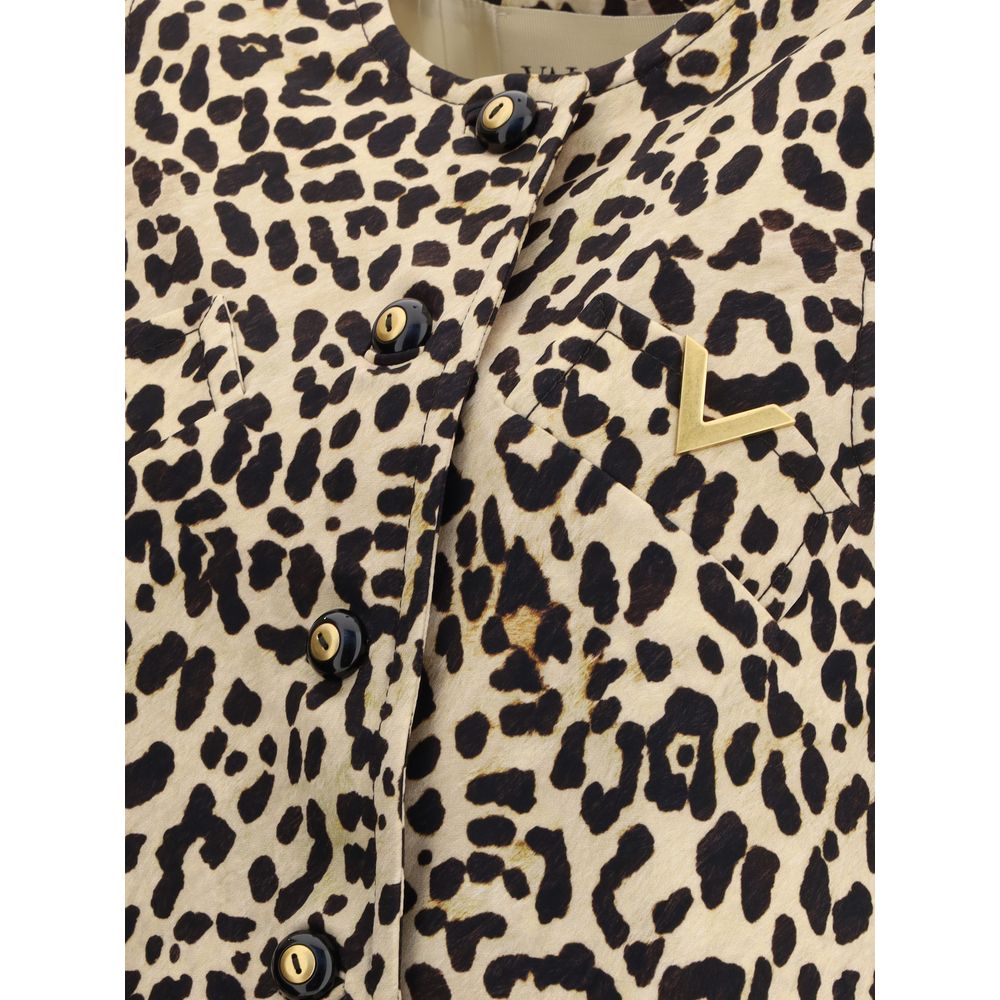 Valentino Multicolor Fleece Wool Sleveless Jacket with leopard print, gold V logo, crew neck, and button closure, AW25 season.