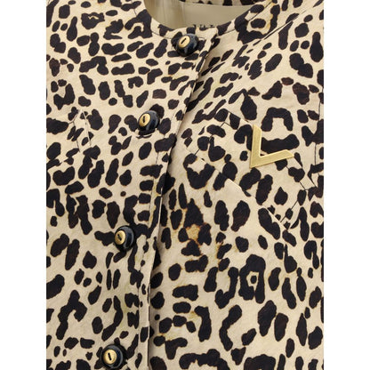 Valentino Multicolor Fleece Wool Sleveless Jacket with leopard print, gold V logo, crew neck, and button closure, AW25 season.