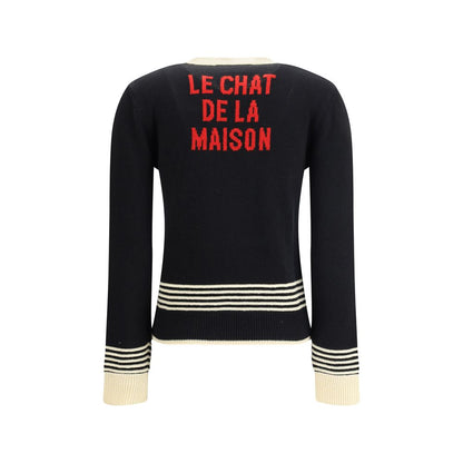 Valentino Multicolor Fleece Wool Sweatshirt with 'Le Chat de la Maison' embroidery and striped ribbed details.
