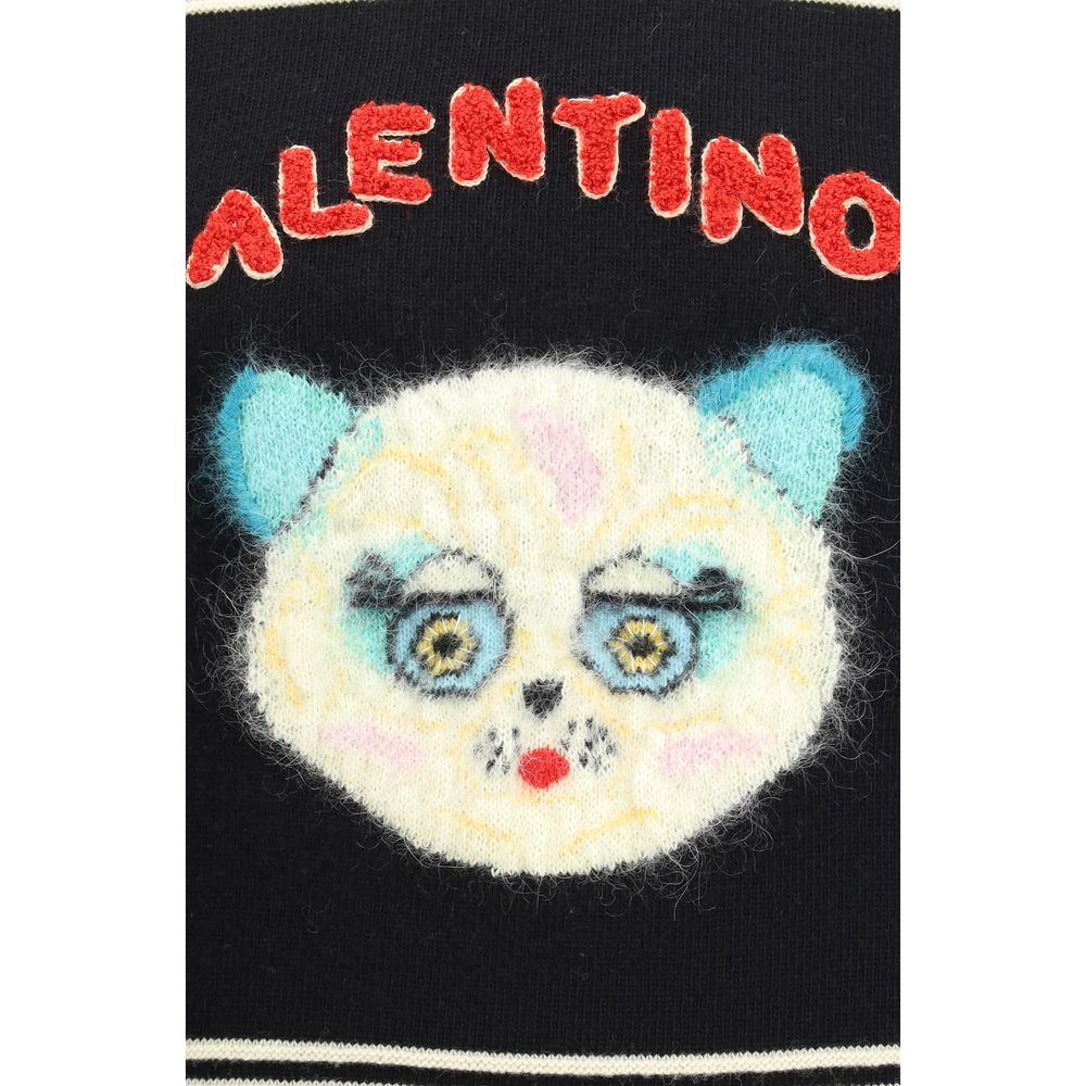 Valentino Multicolor Fleece Wool Sweatshirt with 'Le Chat de la Maison' embroidery on black knit, showcasing unique style and craftsmanship.