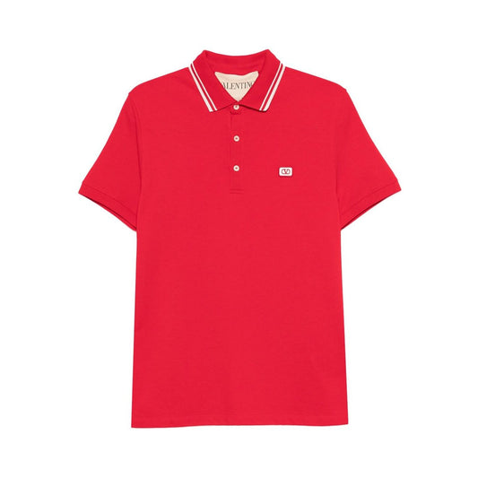 Valentino Striped-collar polo shirt in red cotton with small logo and white striped collar, short sleeves, and button fastening.