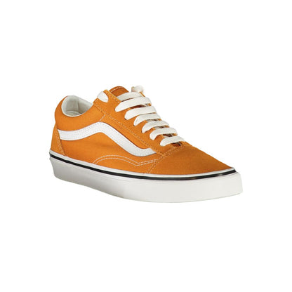 Vans Orange Polyester Sneaker, sports shoe with laces, old skool style, contrasting details, logo visible.