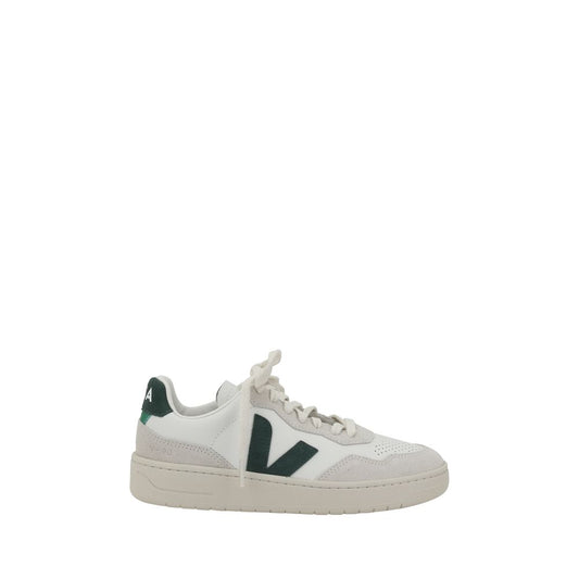 Veja V-90 Sneakers in white with a green V logo, showcasing a minimalist design with organic leather and lace-up closure for style and comfort.