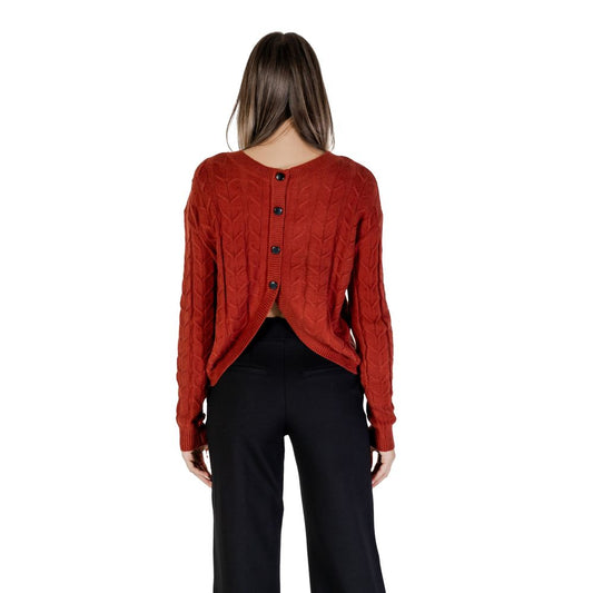 Back view of woman wearing Vero Moda Red Viscose Sweater, showcasing buttoned cardigan style, part of fall/winter women's knitwear collection.