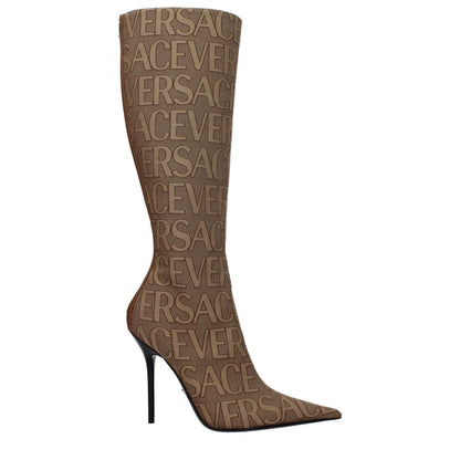 Versace Beige Fabric High Heel Boots with logo design, zip closure, and 11 cm black heels featuring a leather sole and pointy toe.