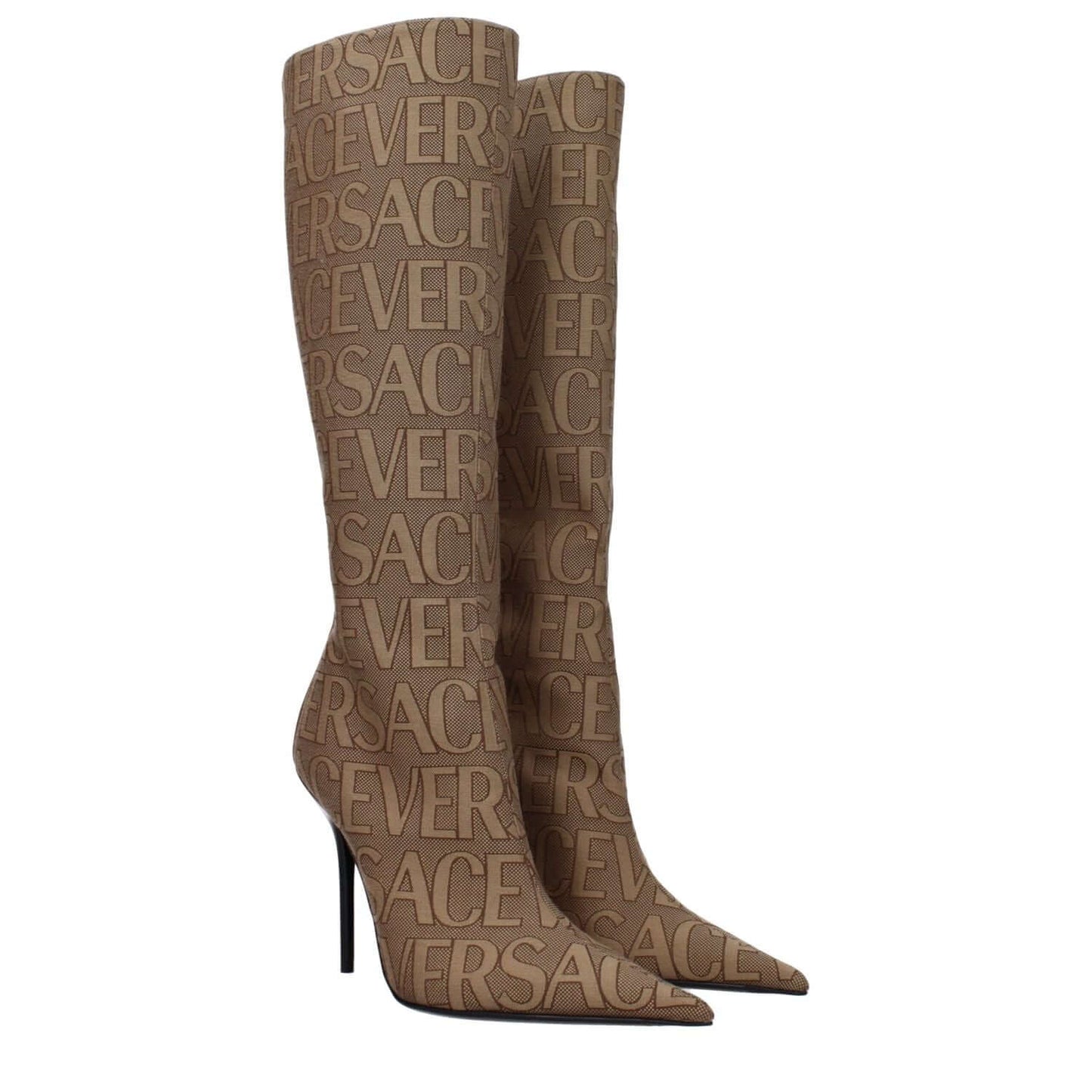 Versace Beige Fabric High Heel Boots with logo, pointy toe, and leather sole. Casual style with zip closure, 11 cm heel height.