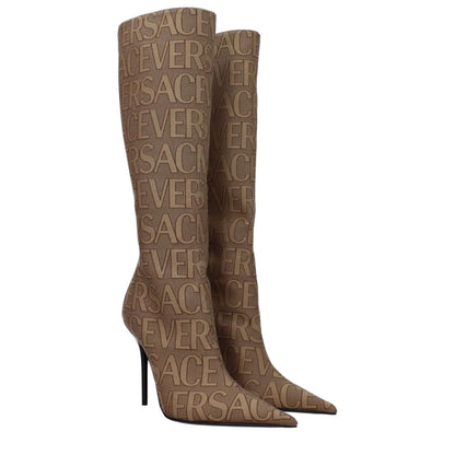 Versace Beige Fabric High Heel Boots with logo, pointy toe, and leather sole. Casual style with zip closure, 11 cm heel height.