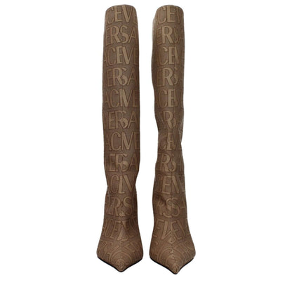 Versace Beige Fabric High Heel Boots with logo, pointy toe, and leather sole, featuring a zip closure and high heel, 11 cm height.