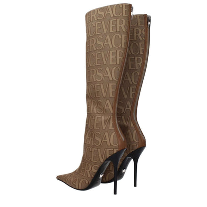 Versace Beige Fabric High Heel Boots with logo design, pointy toe, and zip closure, featuring leather sole and 11 cm brown high heel.