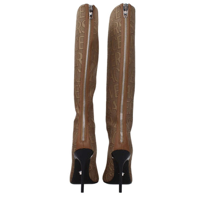 Versace Beige Fabric High Heel Boots with logo and zip closure, featuring pointy toe and 11 cm leather sole, style number F80012.