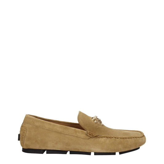 Versace Beige Leather Slip-On Loafers with gold front logo, round toe, and low flat heel in suede and leather sole.