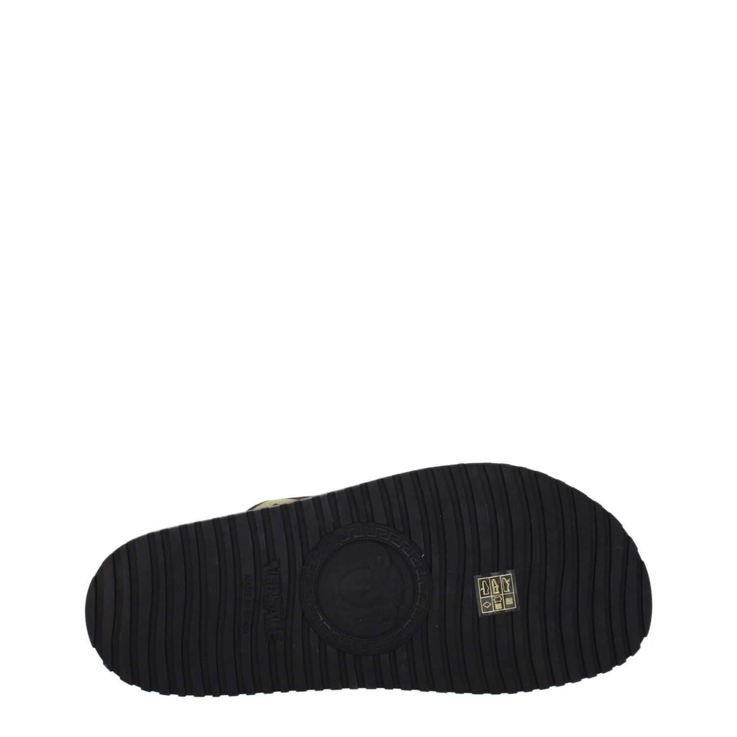 Sole view of Versace Black Fabric Slippers with rubber traction and open-toe design, featuring casual style and low flat heel.