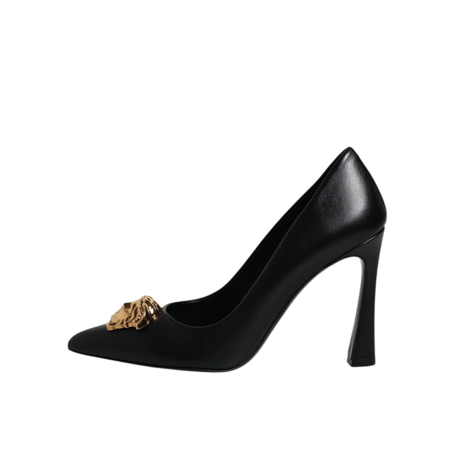 Versace Black Leather Logo Plaque High Heels Pumps Shoes