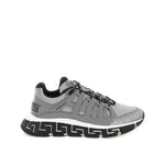 Versace Trigreca Sneaker with leather details, rubber sole, and front and back logo detail, made in Italy.