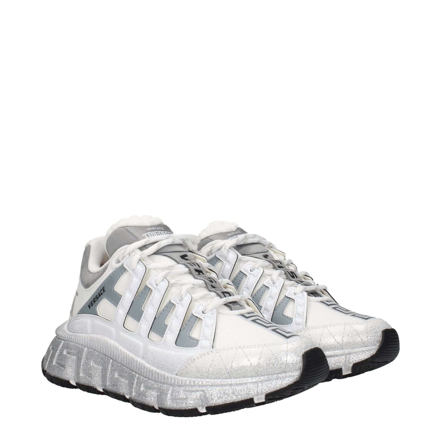 Versace White Fabric Athletic Sneakers with logos, lace up closure, rubber sole, round toe, mid heels, and silver accents.