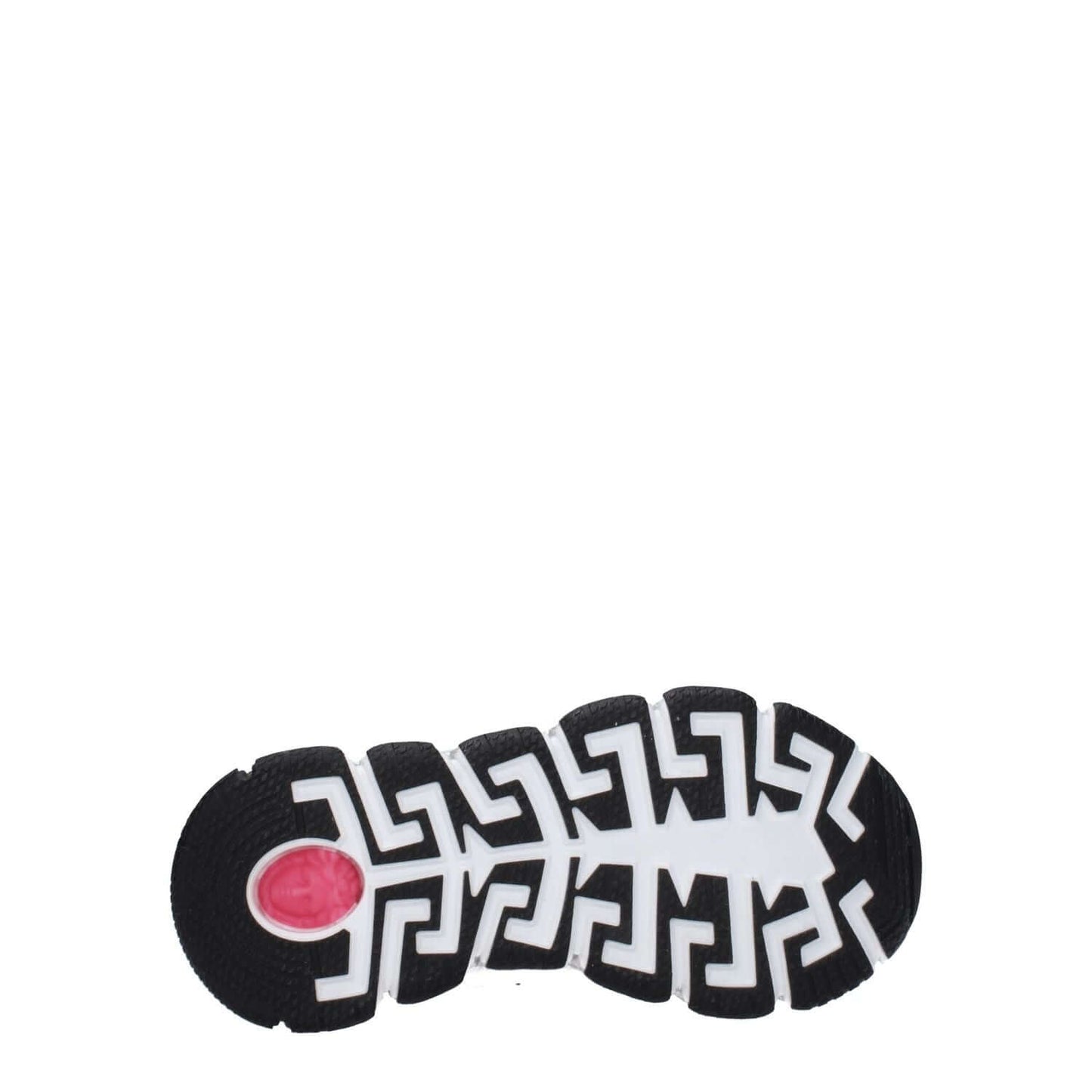 Sole view of Versace White Fabric Athletic Sneakers with rubber pattern and pink detail, highlighting durable traction design.