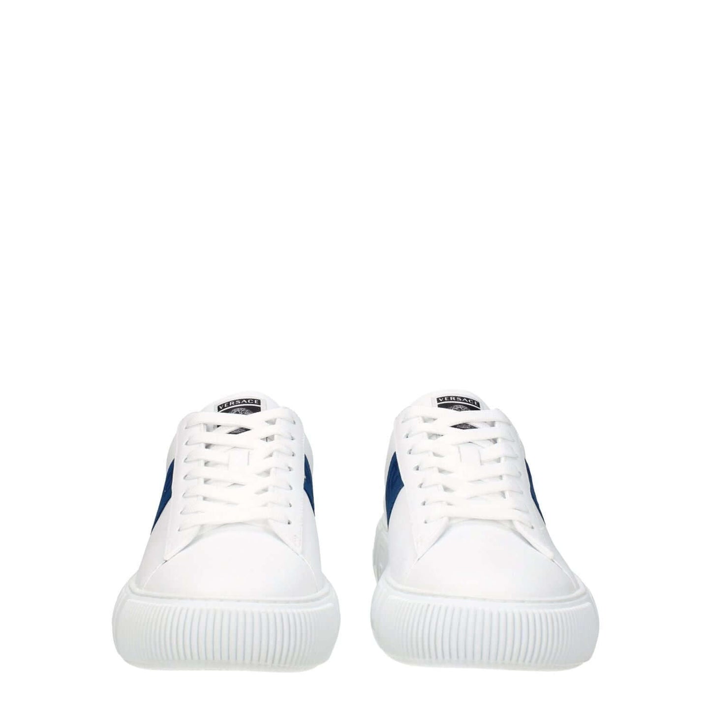 Versace White Leather Low Top Sneakers with front and back logo, showcasing sleek white design and stylish luxury brand appeal.