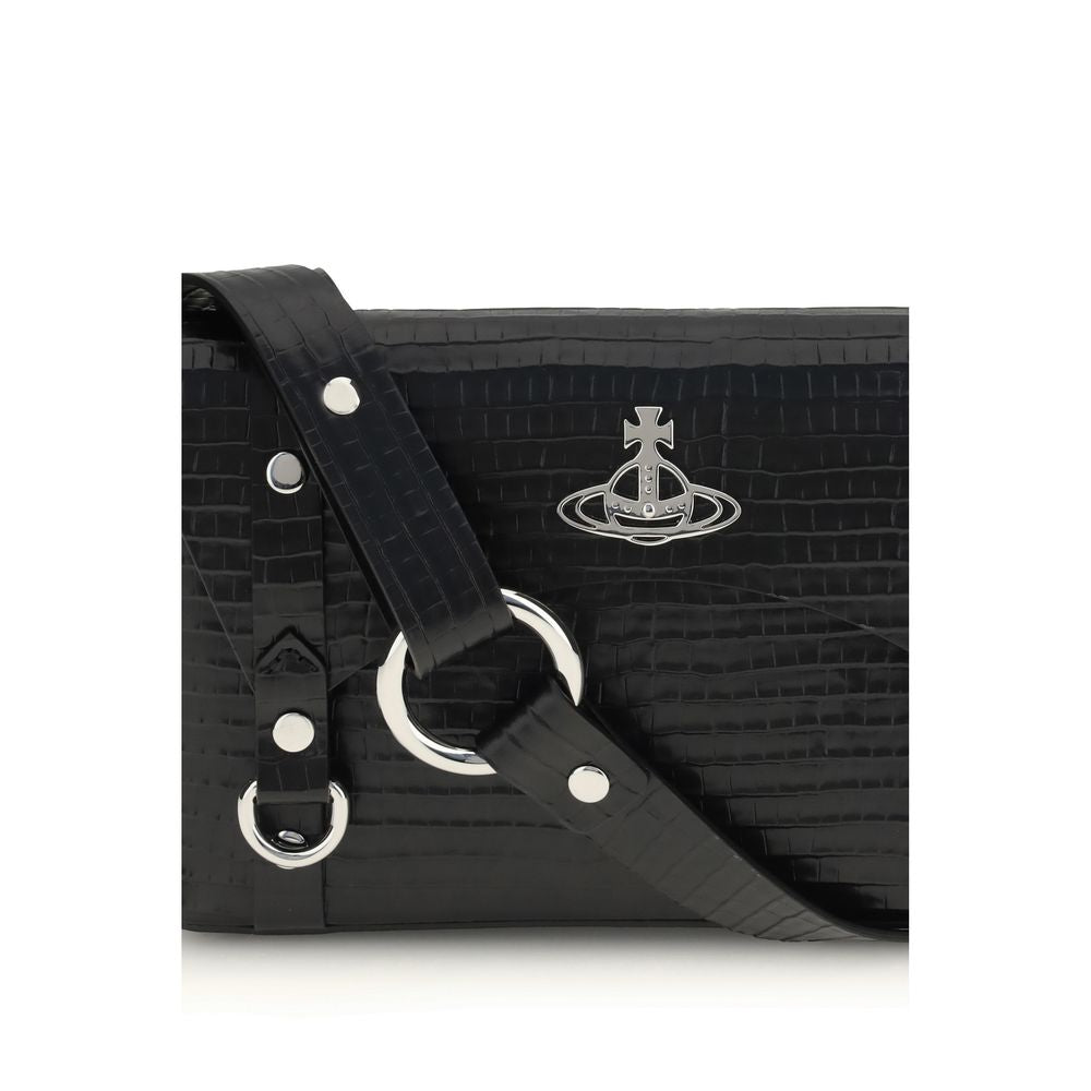 Vivienne Westwood Black Calf Leather Bos Taurus Shoulder Bag with metallic details and removable strap, AW25 collection.