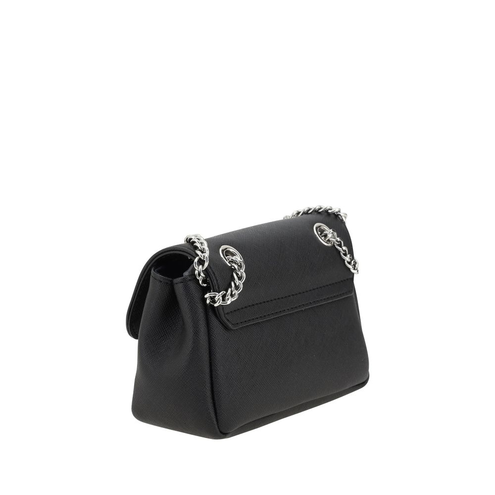 Vivienne Westwood Black Polyethylene Shoulder Bag with chain strap and front flap closure, showcasing the iconic Orb logo plaque.