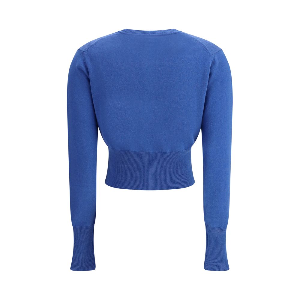 Vivienne Westwood Blue Cotton Cardigan displayed from the back, showcasing its slim fit and vibrant blue color, with long sleeves and a round neckline.