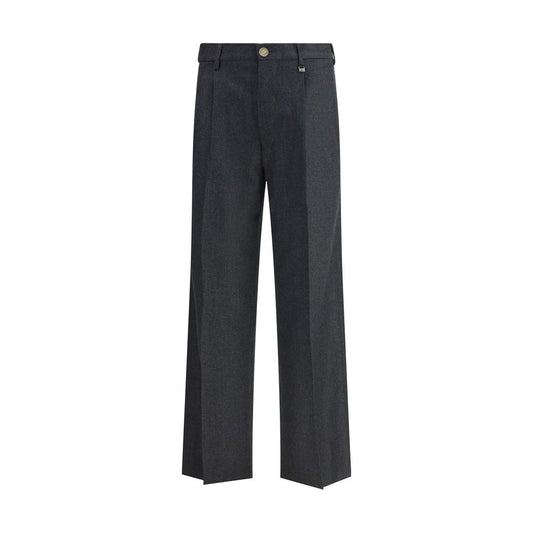 Vivienne Westwood Rafael Pants in brushed wool with metallic finish, high-waist, wide-leg, gold button, and pleats. AW25 collection.
