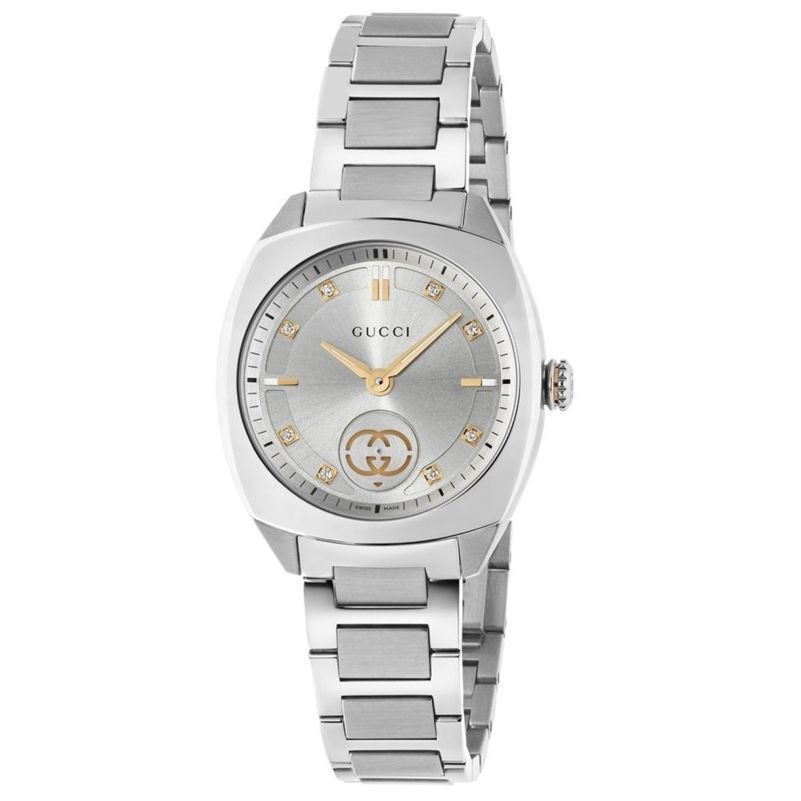 Alt Tag: GUCCI Mod. INTERLOCKING silver watch with elegant design, featuring interlocking G logo on the dial.