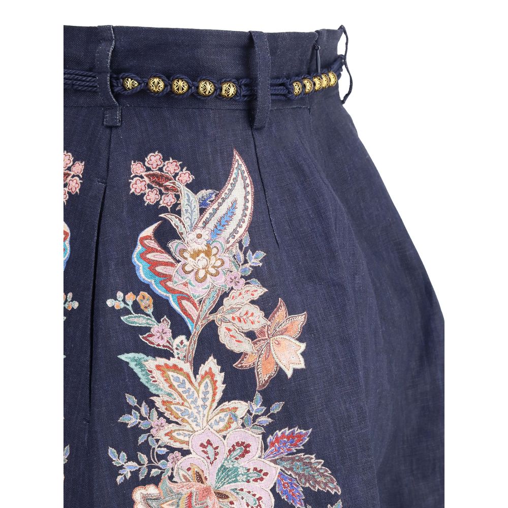Zimmermann White Linen Bermuda Shorts with multicolored paisley design and scalloped hem for a feminine style, perfect for summer.