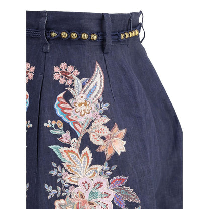 Zimmermann White Linen Bermuda Shorts with multicolored paisley design and scalloped hem for a feminine style, perfect for summer.