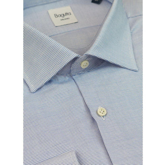 Bagutta blue cotton men's shirt with French collar, slim fit, long sleeves, and mother-of-pearl buttons for refined elegance.