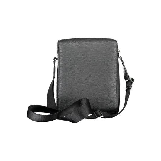 Calvin Klein black shoulder bag with adjustable strap, eco-friendly luxury design, and logo detail. Perfect for modern style and utility.