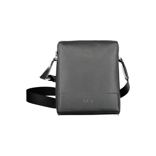 Calvin Klein black polyester men's shoulder bag with adjustable strap and logo, designed for practical style and eco-conscious luxury.
