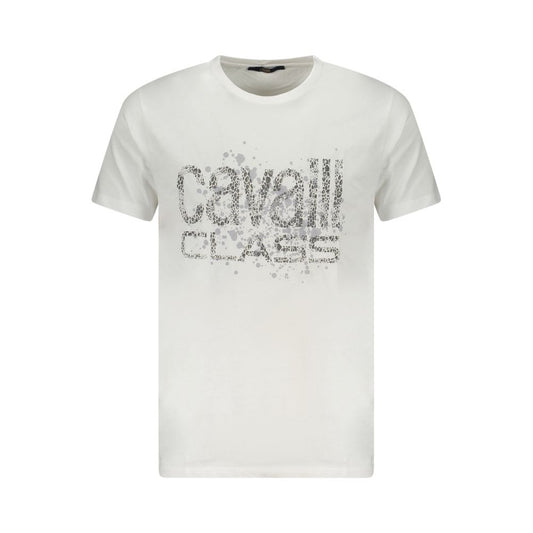 Cavalli Class white cotton men's T-shirt with bold print and logo, showcasing Italian luxury and style.