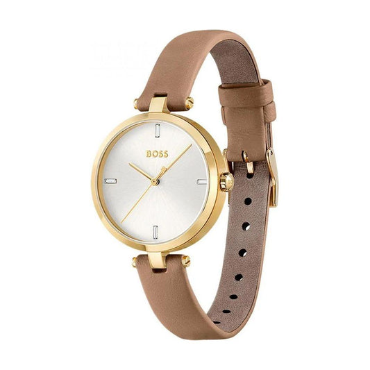 Hugo Boss beige leather watch with a golden stainless steel case, silver dial, and quartz movement, featuring an analog display.