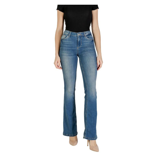 Woman wearing Liu Jo Blue Cotton Jeans with bootcut and flared design, showcasing a high waist and comfortable fit for casual wear.