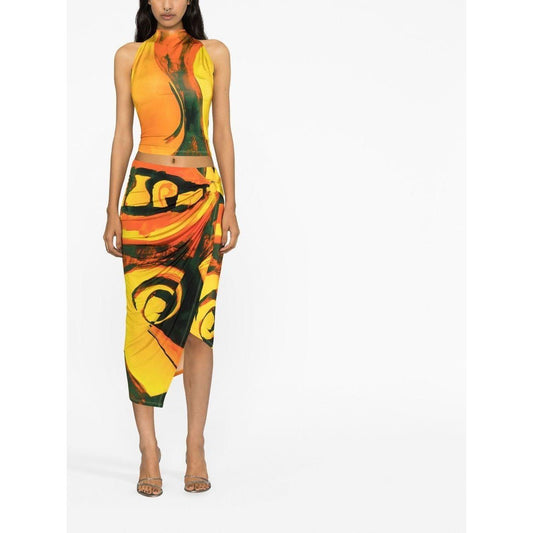 Multicolour high-waist wrap skirt with abstract pattern and ring hardware by Louisa Ballou, showcasing asymmetric stretch design.