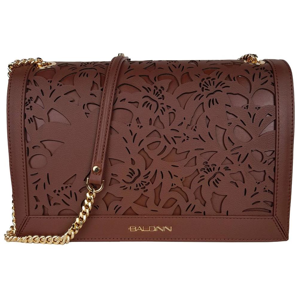 Baldinini Trend Elegant Floral Leather Shoulder Bag brown-leather-di-calfskin-crossbody-bag-1