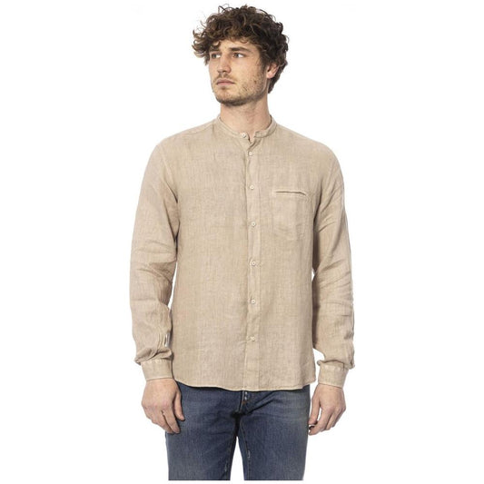 Distretto12 Elegant Beige Mandarin Collar Linen Shirt beige-linen-shirt